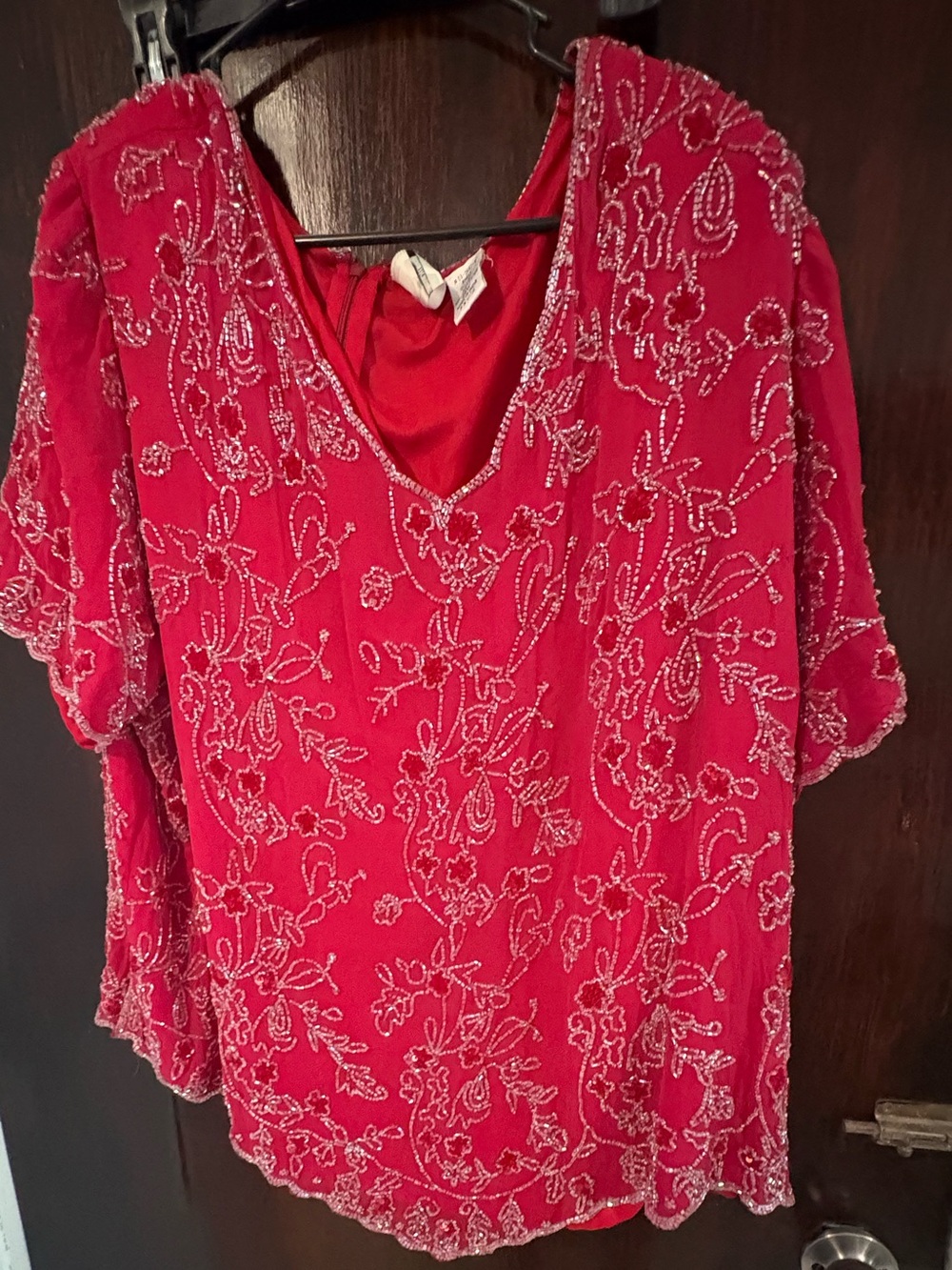 Vintage Roaman's Red Beaded 100% Silk V-Neck Blouse. Size 26W.